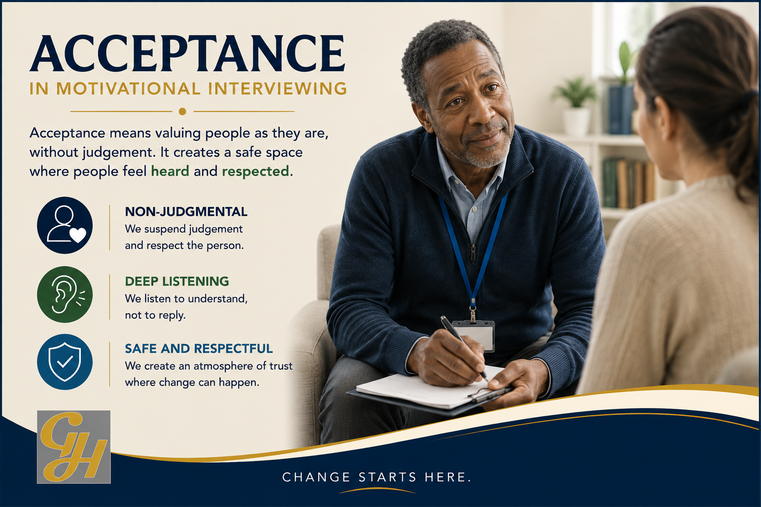 Acceptance in Motivational Interviewing through attentive listening and respectful conversation
