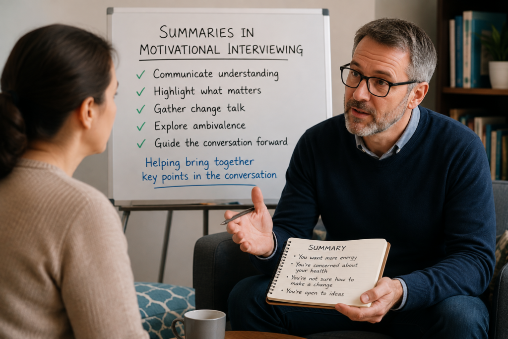 Summaries in Motivational Interviewing helping bring together key points in a conversation