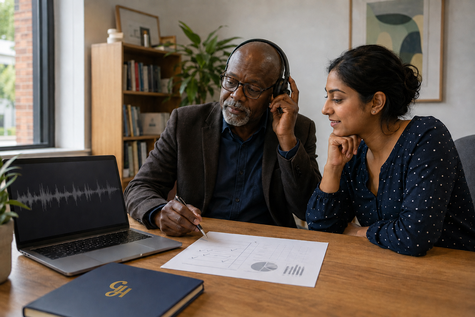 A practitioner and fidelity coder reviewing a recorded conversation and structured Motivational Interviewing feedback