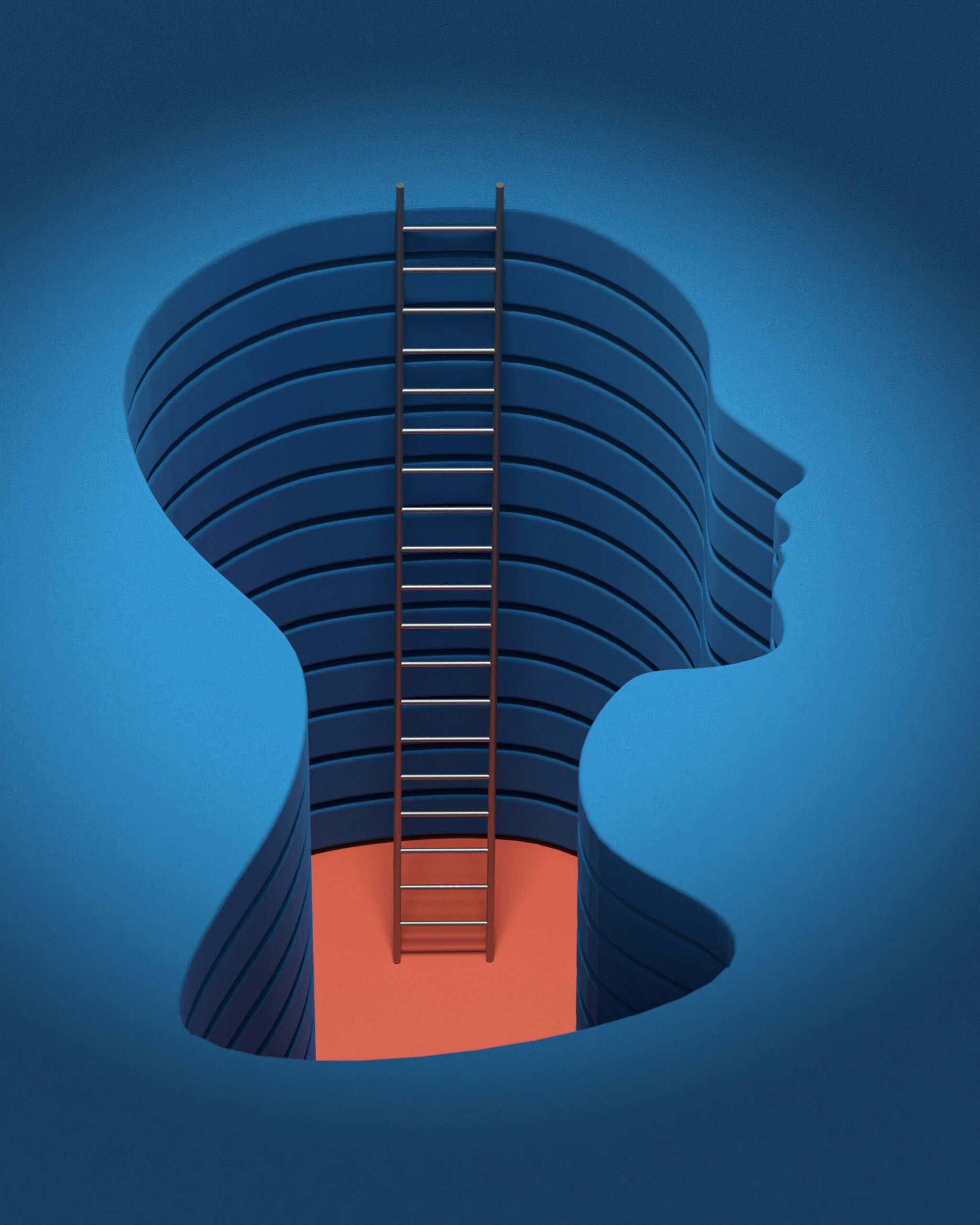 A ladder descending into a stylised human head